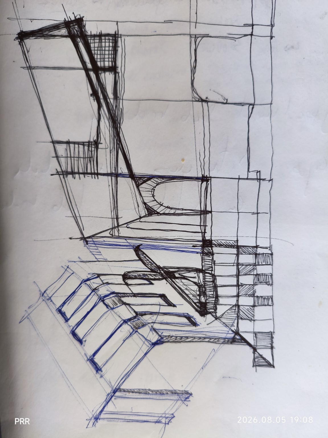 Boceto original a bolígrafo de la composición arquitectónica, con líneas de perspectiva, arco y diagonal