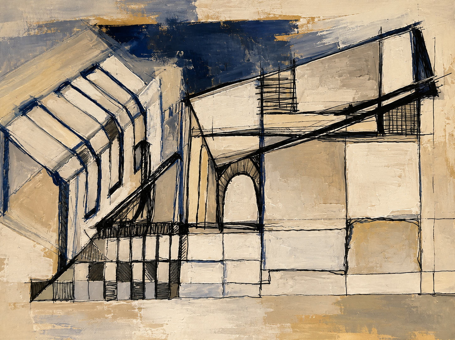 Composición pictórica de arquitectura abstracta en azul y crema, con un arco y líneas diagonales