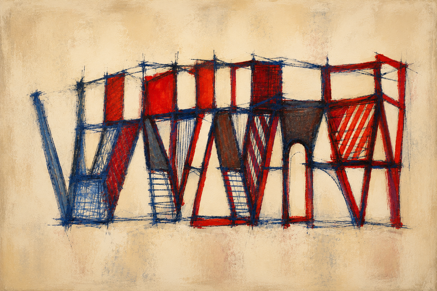 Estructura arquitectónica abstracta con trazos azules, planos rojos, diagonales y un arco sobre fondo ocre claro