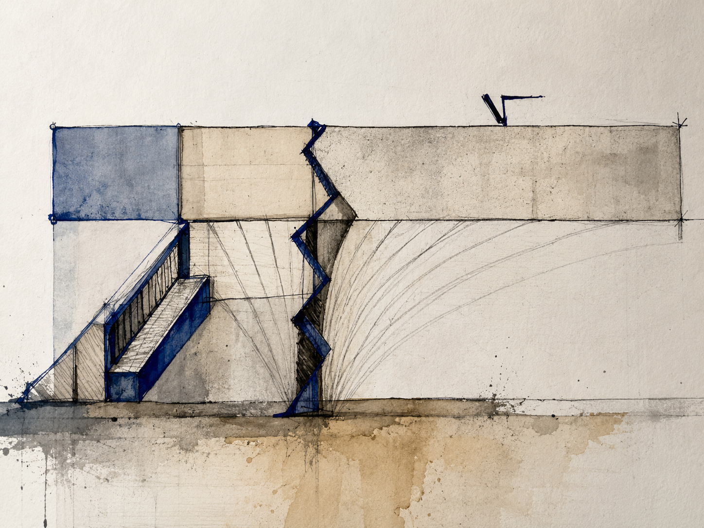 Interpretación en azul y tonos arena de un dibujo arquitectónico con peldaños, una línea quebrada y trazos radiales